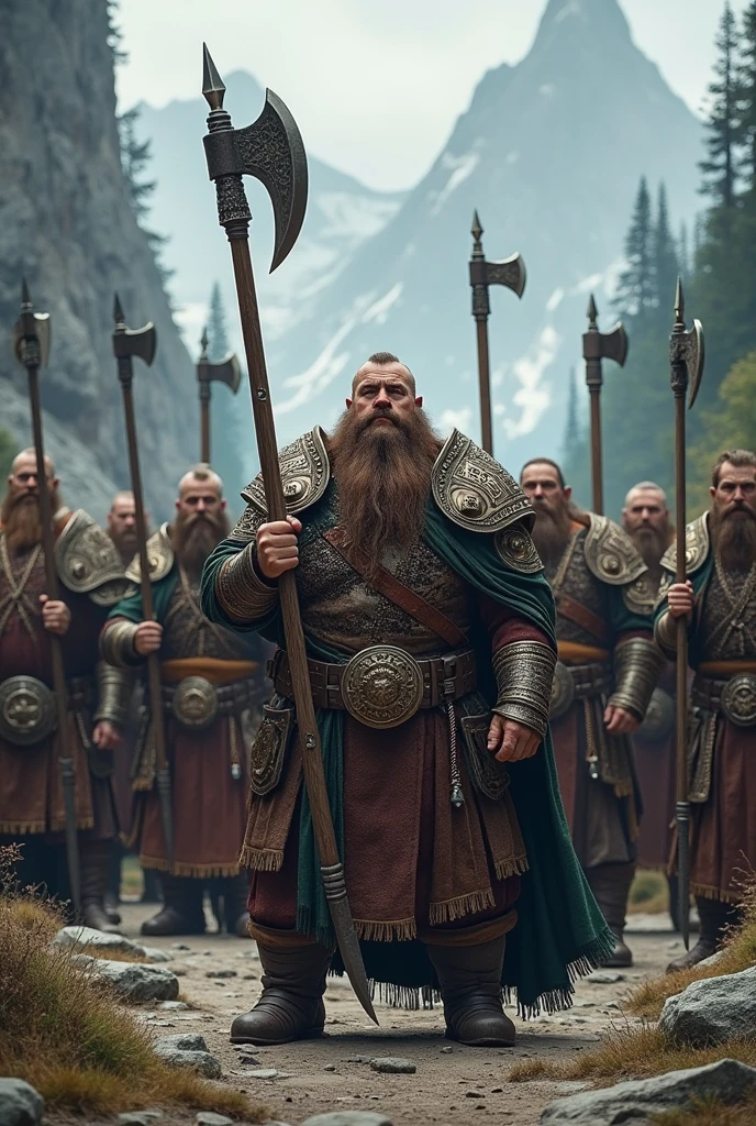 high fantasy, group of ten dwarven warriors with two-handed axes or spears