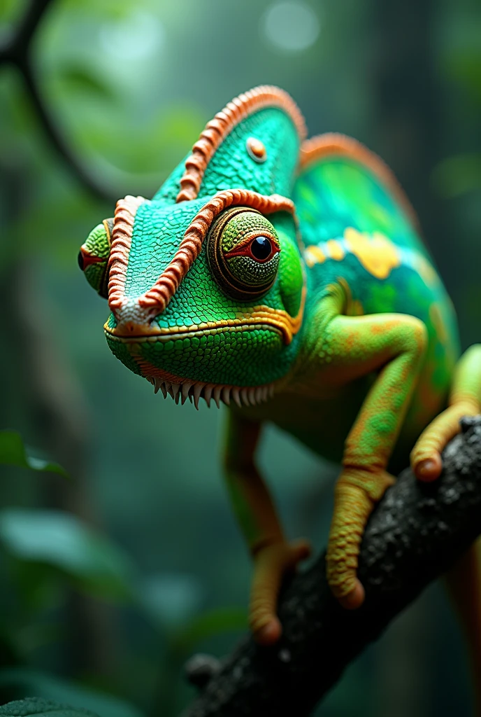 Create a fantastic chameleon with green tone colors with better quality in the face