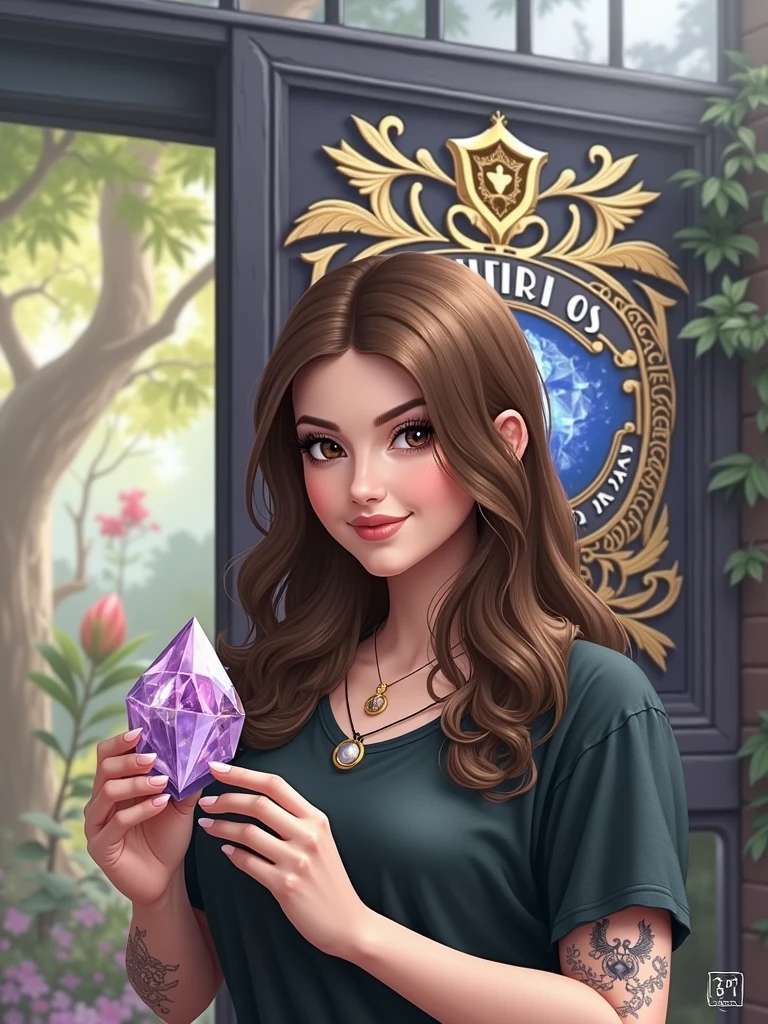 commercial logo with the name Silveira Crsytals written with drawings in crests and quartz and hearts and with a woman with one of the crystals in her hand with a tattoo on her arm with brown eyes and a little bit of nature like trees and plants with a magical background with colorful colors