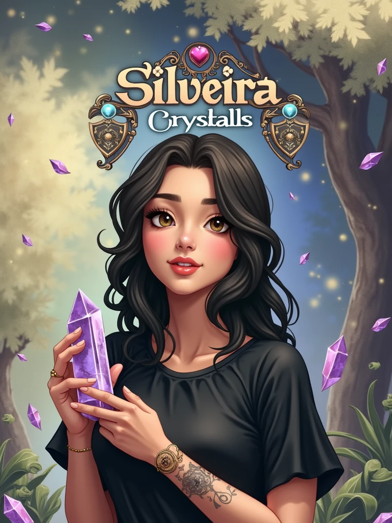 commercial logo with the name Silveira Crsytals written with drawings in crests and quartz and hearts and with a woman with one of the crystals in her hand with a tattoo on her arm with brown eyes and a little bit of nature like trees and plants with a magical background with colorful colors