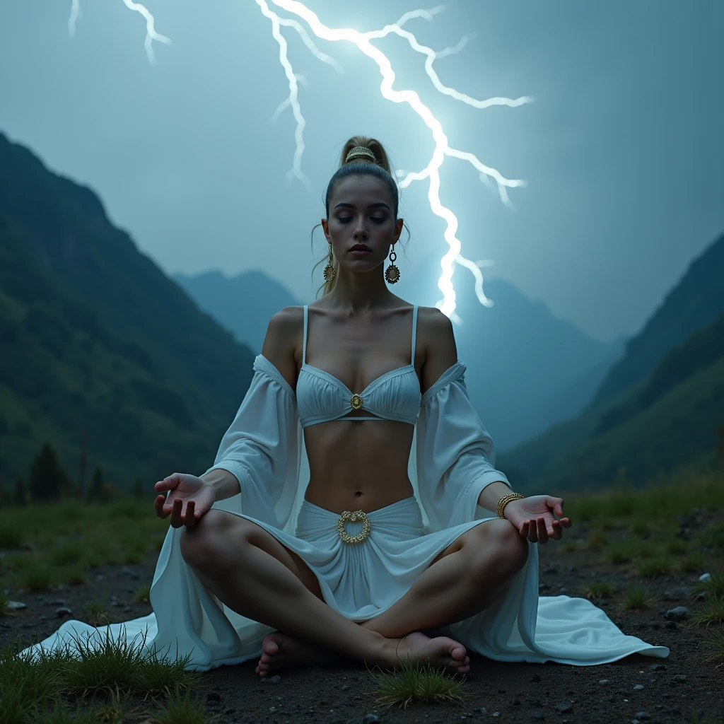 1 nubile Swedish girl wearing vivd glossy Jezebel in the bible costume and in namaste pose and extreme squatting, 3:4 full frontal body portrait, ((merge and use young faces of Lynda Carter and Rila Fukushima into best 50/50 blend)), (eyes wide open, wide open eyes, blank stare, best detailed face, best lifelike face, best lifelike nose and eyes), Grecian upstyle hairstyle with high standing ponytail, pucker lips, pale snowy colored skin, huge hoop earrings, bodacious, playboy playmate archetype, perfect bikini body, (((massive breasts))), sweaty, show armpits, showing both armpits, cameltoe, underboobs, wearing vivid glossy neon-white harem ensemble, mindless facial expression, deeply hypnotized facial expression, deeply entranced facial expression, ((primeval backdrop with Intense lightning strikes and severe thunderstorms towering over misty mountains)), (RAW Photo, 12K, best quality, best masterpiece, hires, best realism, best photorealism, vivid colors and natural outdoor lighting)