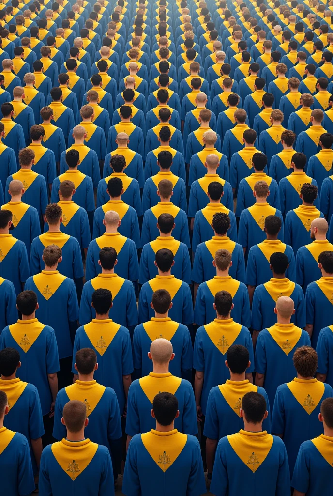 3 ROWS WITH 6 PEOPLE WITH FLAG DRESSED IN BLUE AND YELLOW IN A PROCESS VIEWED FROM ABOVE
