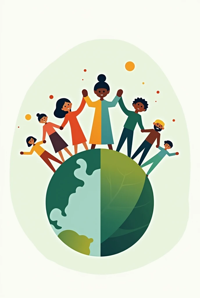 Visualize a circle that symbolizes the planet, divided in half. In the lower half, a stylized drawing of a green leaf, representing sustainability and care for the environment. In the upper half, people of different ages and ethnicities, holding hands, representing unity and social impact. The predominant colors are green, blue and earth tones.