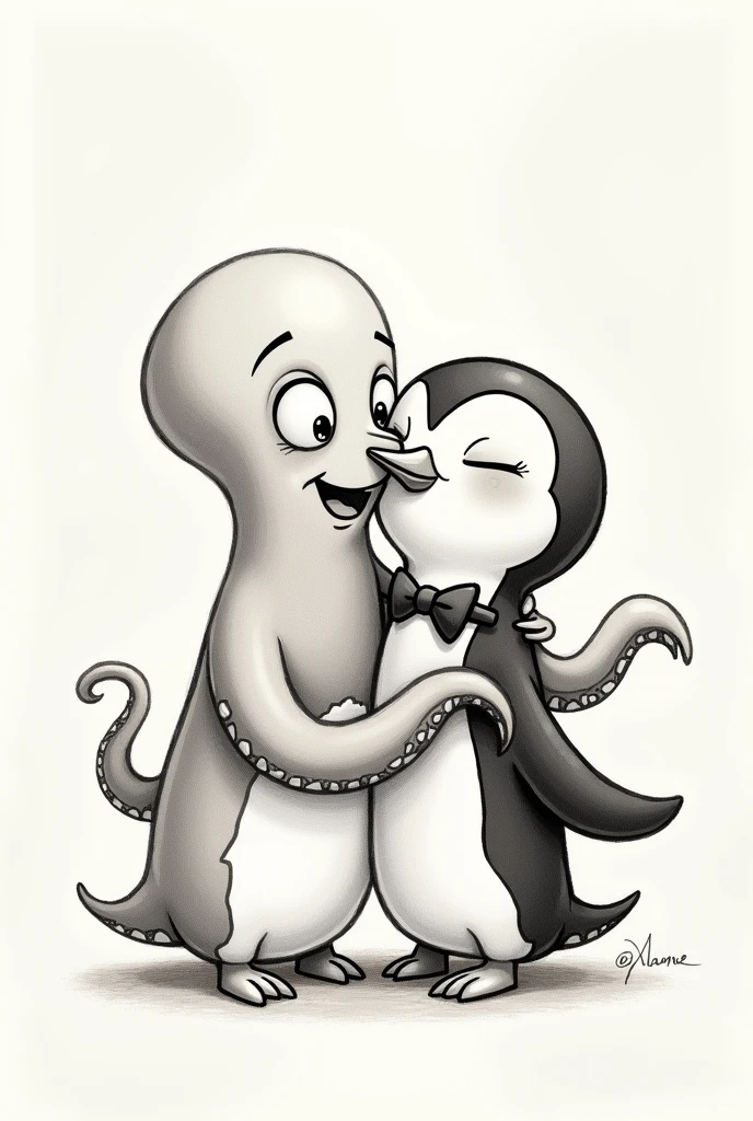 Pencil drawing of a cartoon style female octopus giving a kiss on the cheek to a cartoon style male penguin