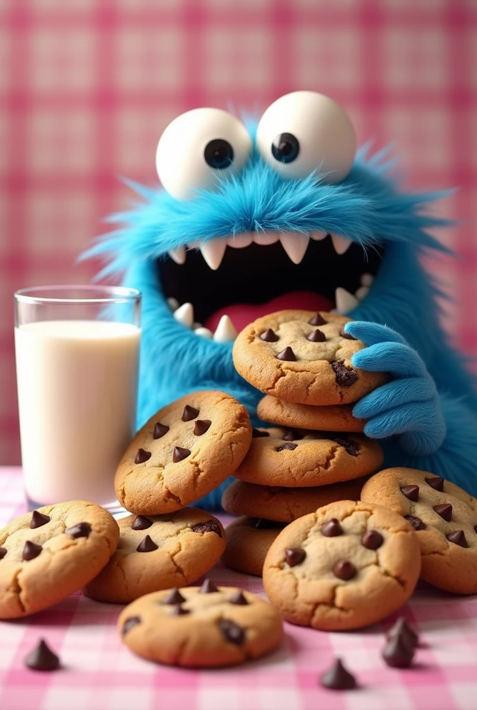 chubby chocolate chip cookies ,in a column, and some cookies around it, With more details, Characteristics, Crispy, golden brown, a glass of milk a pink checkered tablecloth, The blue monster eats cookies by devouring them