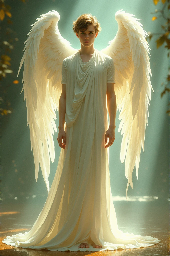 Absox tall thin teenage male, with a light complexion. He has an upright posture and precise gestures and light brown hair..
intense green eyes.
She is a level 2 angel Supernatural beauty