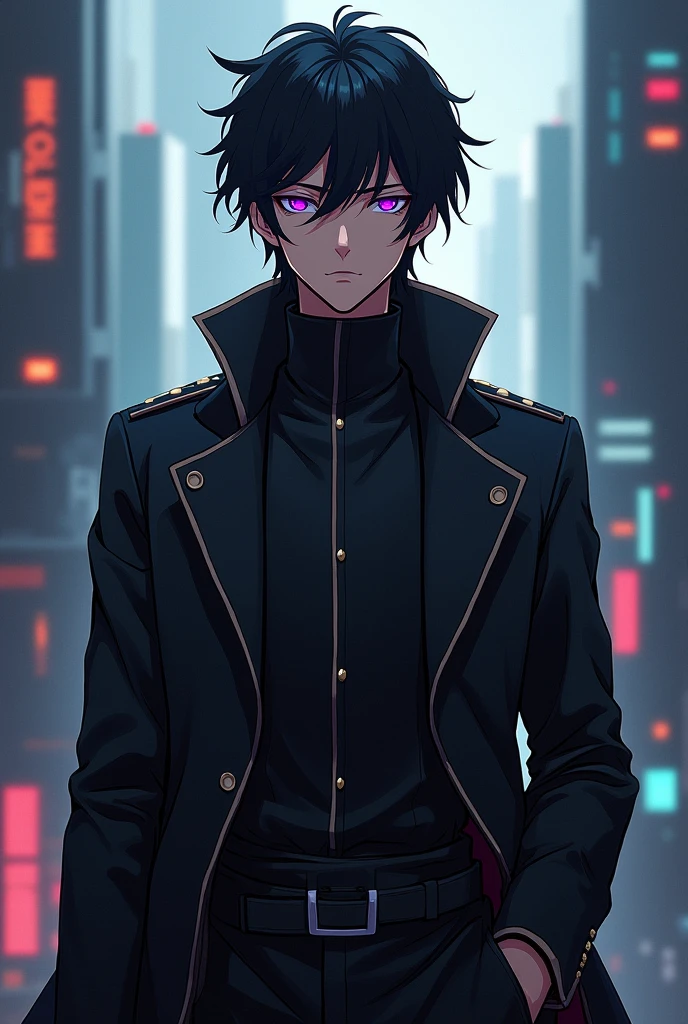 Create an anime character with these characteristics, It's a boy. She has black hair and her eyes light up a deep purple color., wear a gabardine jacket. He is really imposing, Besides being an expressionless boy. Belongs to the Autobots Elite Guard