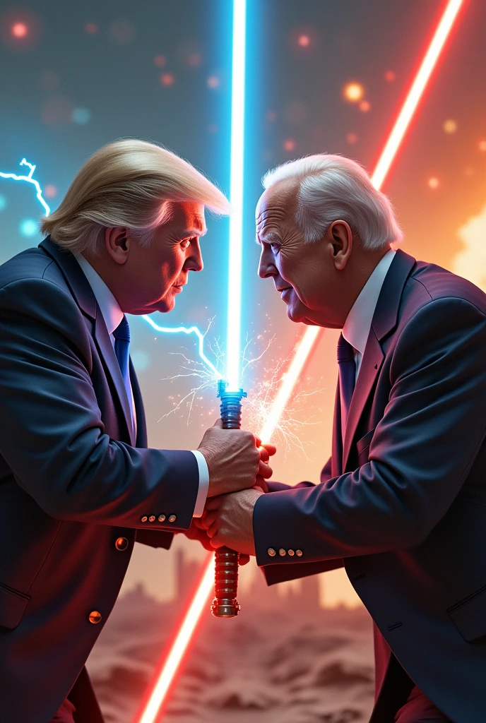 Donald Trump lightsaber fighting Joe Biden