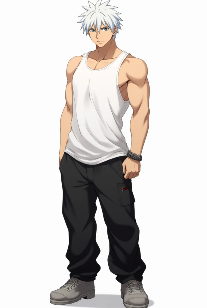 Male character of "tensei shitara slime datta ken", with white hair, gray eyes and a small earring. wears a white tank top and black baggy pants.
Full-body image.
white background image.
he wears an accessory on his arm.