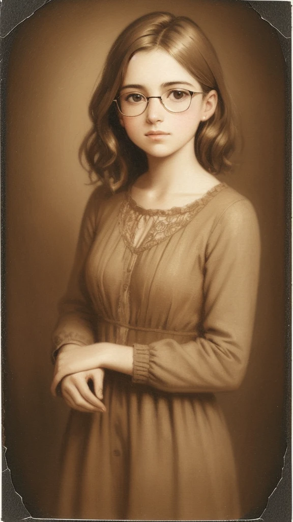 a 1girl, a beautiful -agedl, extremely small breasts, short wavy brown hair, brown eye, eyeglasses, portraite of a, oil painted, contemporary, Realistic Proportion, Intricate, intricate detials, sharp-focus, sepia effect, noise, vignette, cracks and scratches, Polaroid