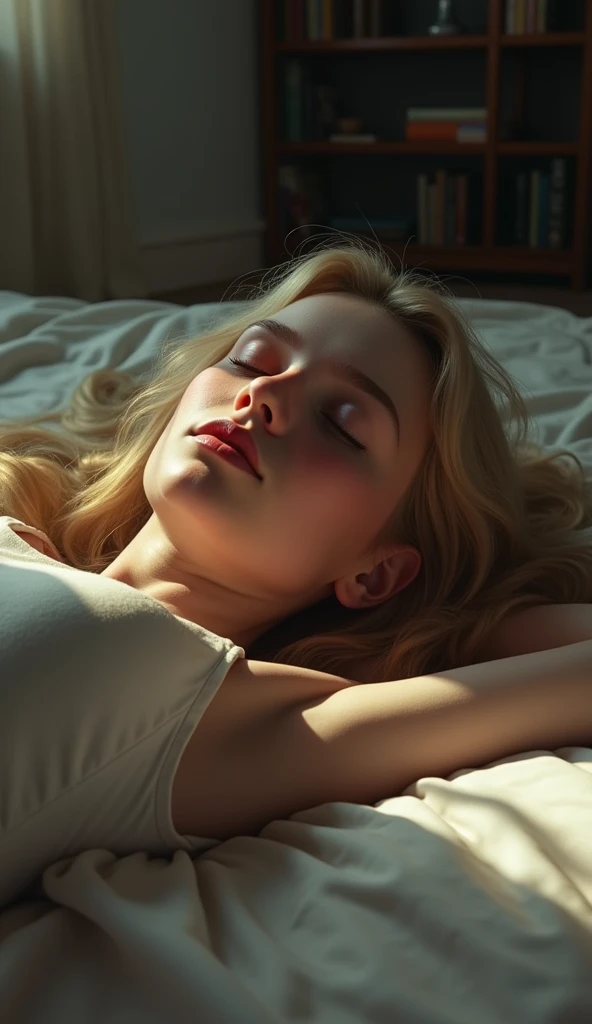 A bleeding blonde young woman laying at her back in a coma at the floor of her home, pixar style, cinematic, masterpiece, high-aesthetic, portrait