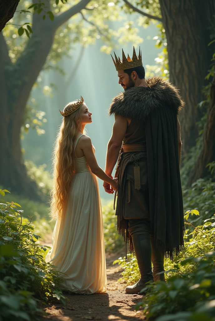 A woman with an angelic face and golden hair, not so long, 20 year, dressed in Sansa Stark style, wearing a crown of bones. She is on a trail in the forest walking with a strong man, high 1.80 meters, Jhon snow style, shorth hair, he wears a wooden crown,