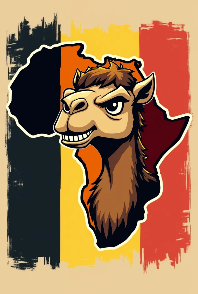 Make a camel inside the map of Africa, the map is divided by three vertical bands of different colors, blackw, yellow and red from left to right, with a drunk face, without infantilizing him and making him angrier. Make it like a streetwear shirt print . MAKE THE CAMEL LESS REALISTIC AND MORE CARTONISH 
