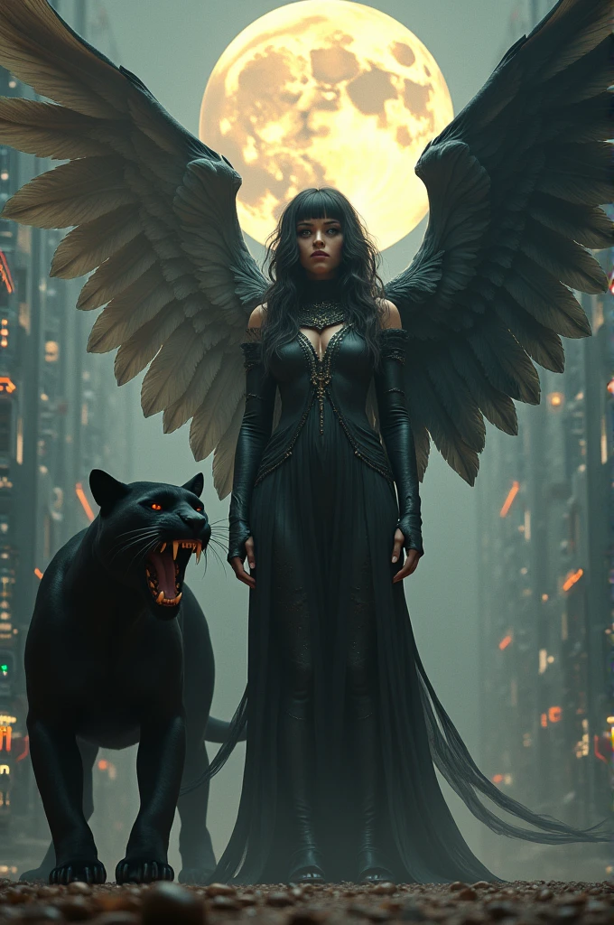 Ange déchus avec aile d'ange et de démon (periodic, futuristic-retro futurism but extremely beautiful:1.4), (intricate details, masterpiece, best quality: 1.4 regardant le spectateur cheveux au carré effet wavy, regard étincelant très détaillée et expressif, une panthère se tien sur sa gauche et rugit avec une lune très détaillé et réaliste portrait
