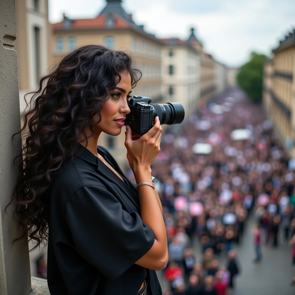 realistic photo of a (pretty girl, 20 years old, brunette, black eyes) as graphic reporter with a long-shot photo cam at the top of a building , (full lips) , ((perfect face)), [[mild smile]], proportionate body,mixed 
 herritage, beautyfull, beautyfull face, tanned skin, two arms, two legs, five fingers by hand, full body, (curly black long hair), elegant but confortable journalist clothes, cam at hand pointing at a street meeting, photographer girl shooting a man giving a speech at street, girl photographing a street politcal rally from the top of a building
