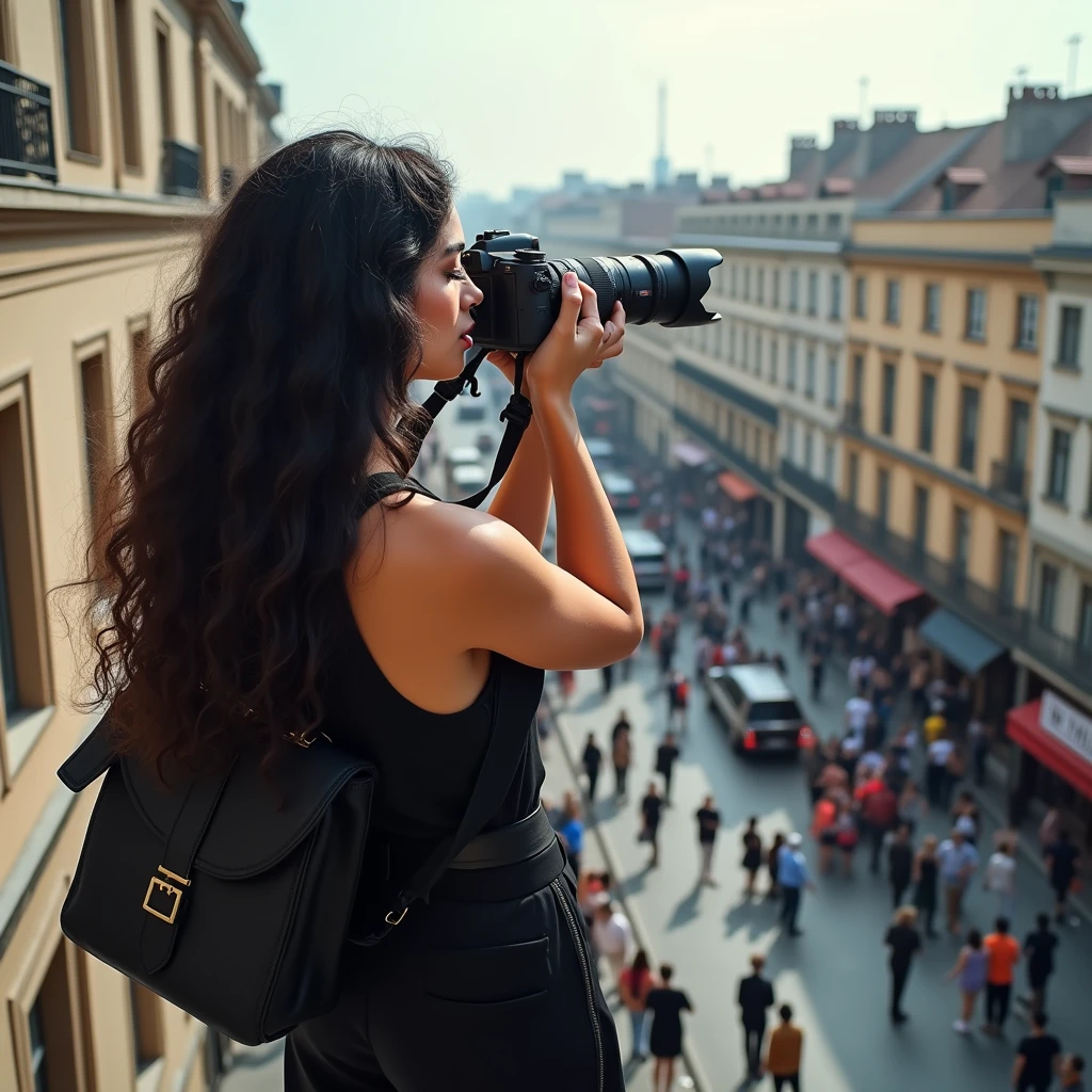 realistic photo of a (pretty girl, 20 years old, brunette, black eyes) as graphic reporter with a long-shot photo cam at the top of a building , (full lips) , ((perfect face)), [[mild smile]], proportionate body,mixed 
 herritage, beautyfull, beautyfull face, tanned skin, two arms, two legs, five fingers by hand, full body, (curly black long hair), elegant but confortable journalist clothes, cam at hand pointing at a street meeting, photographer girl shooting a man giving a speech at street, girl photographing a street politcal rally from the top of a building
