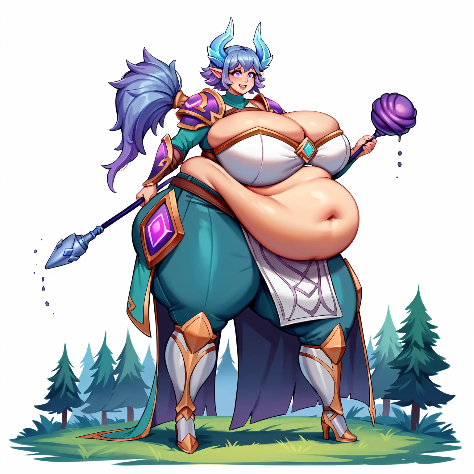 masterpiece, best quality, super detail, 4k, 1girl, younger, (female ssbbw, paladin armor:1.1), bbw, gigantic breasts, high heels, extremely wide hips:2.0, massive thighs:2.0, massive calves, massive belly, smiling expression, aroused, (getting turned on, dramatic pose, eyes open, holding mace, eyes very well defined (high priority), pupils very well defined(High priority)),(Face close to viewpoint) , Image in anime style, add detail, forest background, night time, trees, waist up view, eyes wide open, open eyes, add forest background