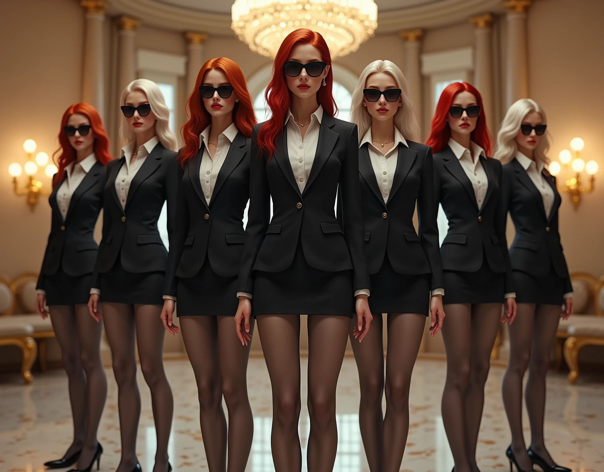 Make an image for a group of female security guards with a variety of hair colors and hairstyles, dress in black formal miniskirt suits, full grey pantyhose, black dress shoes, earpiece radios, and dark sunglasses inside a mansion ballroom