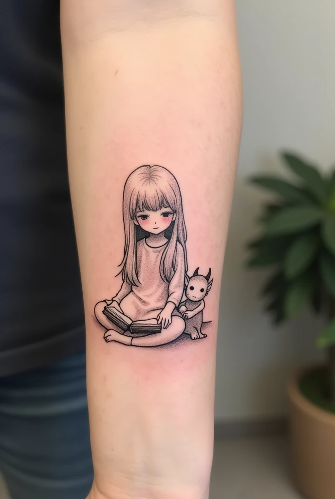 **Description détaillée pour le tatouage :**
- **Silhouette** : Une seule enfant, une fille avec des cheveux longs, assise en train de lire un livre. Ses cheveux tombent délicatement sur ses épaules, représentés par des lignes douces et naturelles.
- **Style** : Minimaliste, utilisant des lignes fines pour les contours de la silhouette. Aucune zone remplie de noir, pour un effet léger et épuré. Le dessin reste discret tout en étant expressif.
- **Taille** : Conçu pour l'avant-bras, le tatouage est de taille modérée, suffisamment petit pour rester discret mais avec assez de détails pour être significatif.
- **Couleurs** : Le tatouage est uniquement en noir, sans couleurs vives ni ombrages lourds. Le dessin reste sobre, avec une approche minimaliste.
Un démon dans un style enfantin veille sur elle