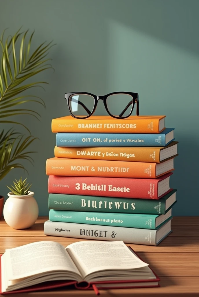 Nutrition books on a table. Notebook open on the side and glasses on top