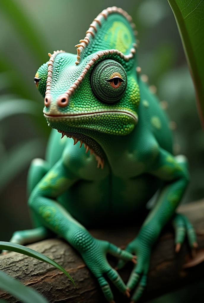 Create a fantastic chameleon with green tone colors with better quality on the face