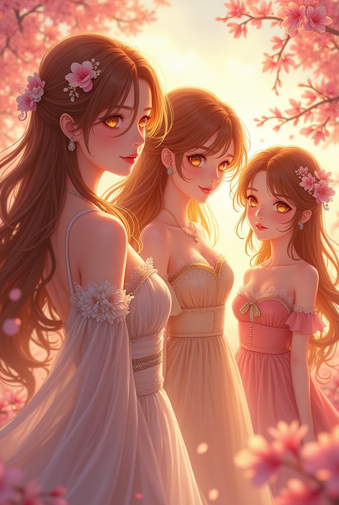 Anime art style, breathtaking masterpiece featuring a group of ethereal women, each radiating warmth and charm, rich auburn and golden hair cascading like waterfalls, expressive large eyes shimmering with vibrant colors, intricate accessories reflecting the characters' personalities, various elegant outfits adorned with nuanced patterns and soft textures, delicate poses showcasing individuality and grace, dynamic composition drawing the viewer's eye around the scene, surrounded by a lush, animated landscape filled with blooming cherry blossoms and rays of golden sunlight filtering through the trees, emotion-filled atmosphere enriched with gentle breezes, light softening resolute features, serene smiles that capture the essence of joy and harmony, anime-inspired character design emphasizing fluidity and movement, every detail masterfully crafted with high contrast tones, vibrant warm color palette of radiant pinks, oranges, and yellows, infusing the scene with life and energy, skillful brushwork emulating hand-drawn animation techniques, layered backgrounds enhancing depth while keeping focus on the enchanting characters, elongated proportions and meticulous expressions typical of classic anime artistry which fully engage viewers, an inviting realm where fantasy and reality seamlessly intertwine