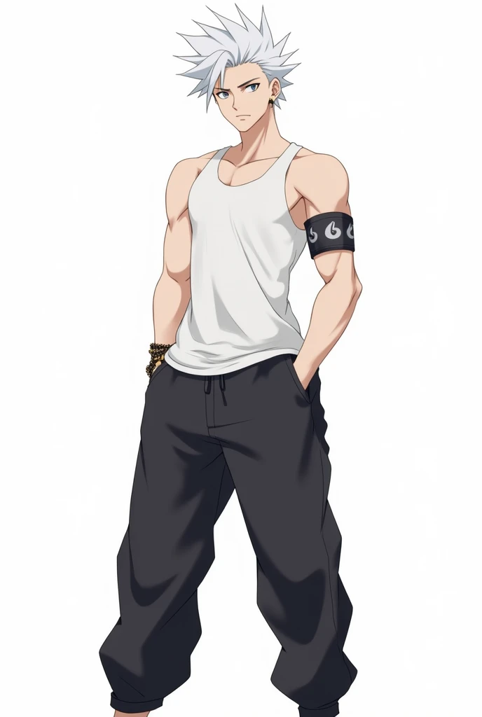 Male character of "tensei shitara slime datta ken", with white hair, gray eyes and a small earring. wears a white tank top and black baggy pants.
Full-body image.
white background image.
he wears an accessory on his arm.