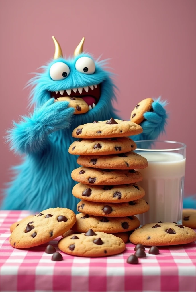 chubby chocolate chip cookies ,in a column, and some cookies around it, With more details, Characteristics, Crispy, golden brown, a glass of milk a pink checkered tablecloth, The blue monster eats cookies by devouring them