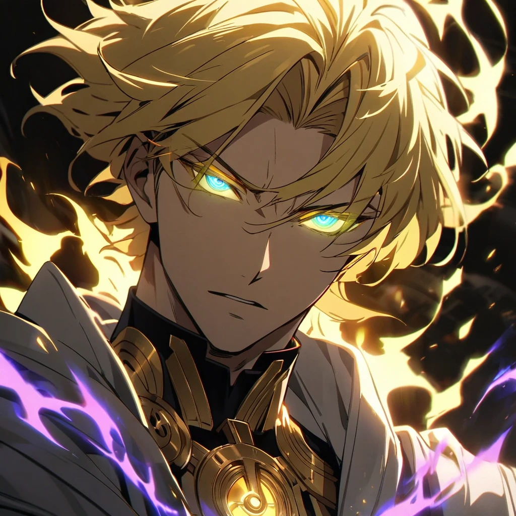 male, solo, handsome, blond hair, god, god eyes, glowing eyes, light, aura, holo, golden, golden eyes