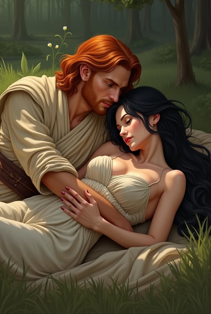 Male Red haired Jedi laying down with a blackhaired woman, she placed her head on his chest, he has his arms around her