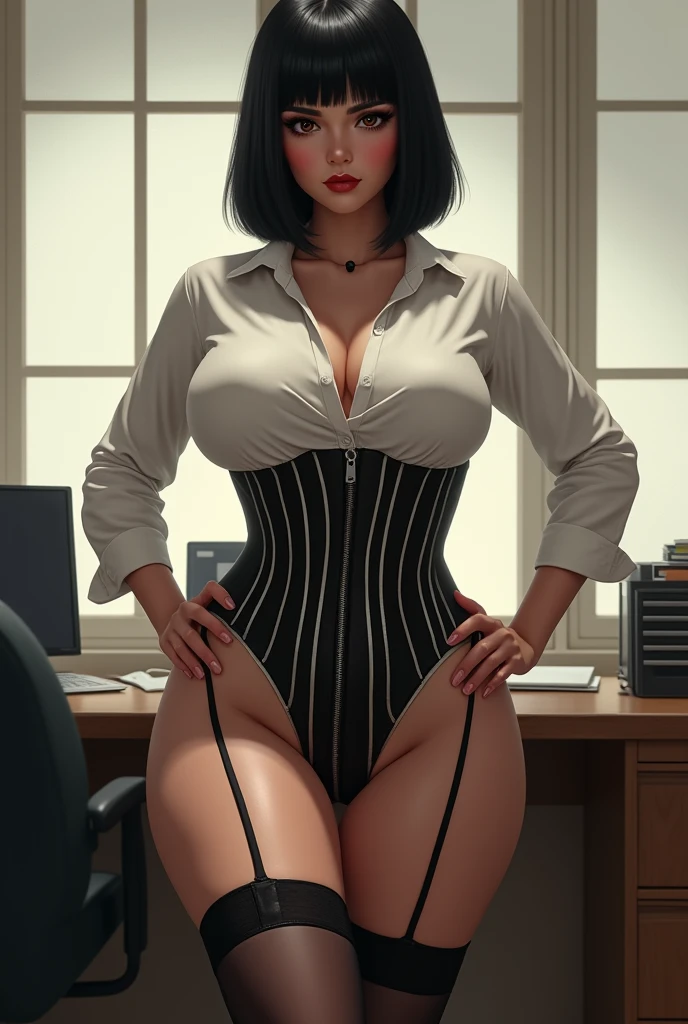 Photorealistic. Voluptuous hips. clothed top Nude bottom. Persian middle eastern, pale skin, straight hair, bangs, bobcut, holding a big dildo on her crotch,
Very beautiful face, busty, european face, not asian, huge big rounded breasts, Very curvy body. Tall. Torso is tall. She wears a tight curvy voluptuous striped black and white PVC corset. Bustier. Under the corset she wears a long sleeve very tight white sexy office shirt with buttoned sleeves. she has thigh high stockings on with leather garter belt and suspenders, she is holding a big dildo between her legs on her crotch.
She poses with her hands on her hips, commanding you. bottom view. She is a dominatrix. No panties.
In office, full body view. Head to toe view. Wearing black high heels shoes with red soles.
Bobcut type black hair.