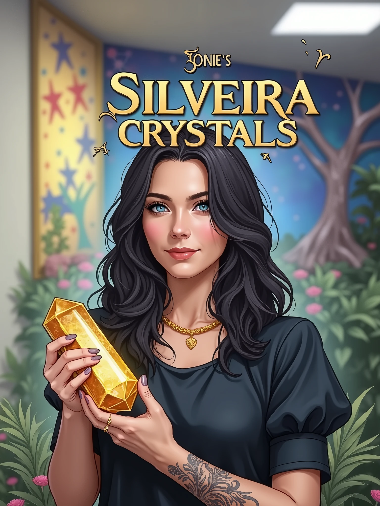 commercial logo with the name Silveira Crsytals written with drawings in crests and quartz and hearts and with a woman with one of the crystals in her hand with a tattoo on her arm and a little bit of nature like trees and plants with a magical background with colorful colors