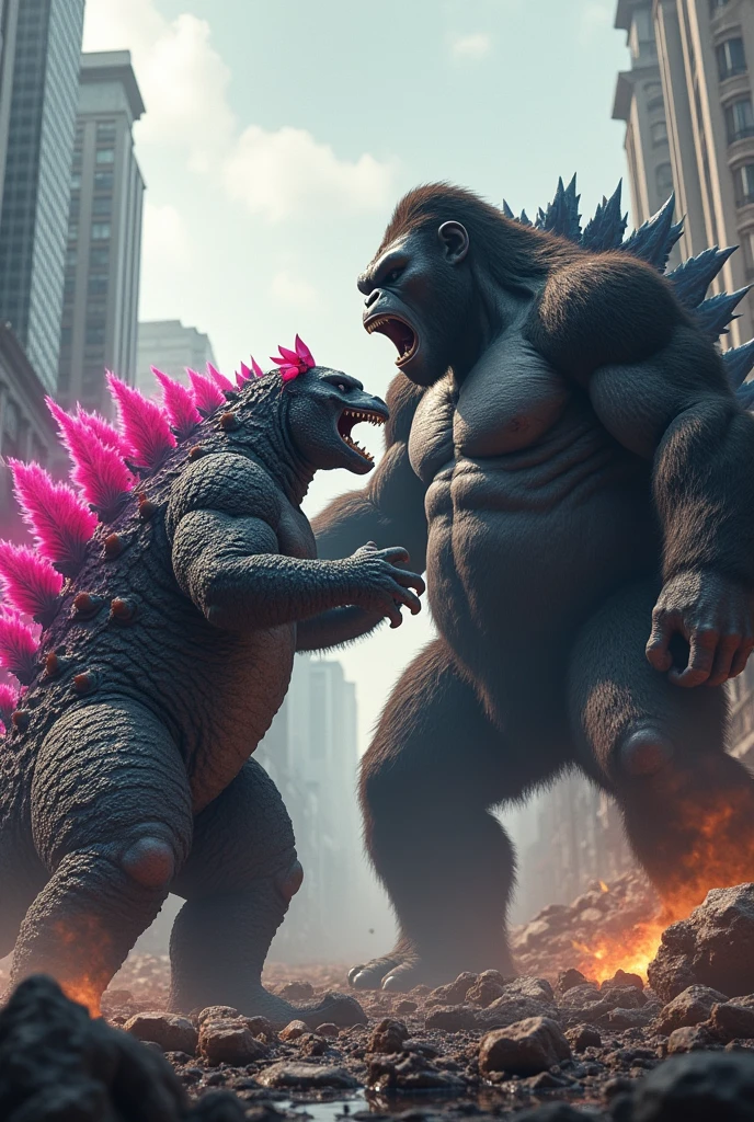 kong in an attack pose, preparing to hit Godzilla.
pink godzilla, with a cute little bow on his head, maybe showing surprise or trying to block the blow.
the setting can be a ruined city, with buildings in the background to give a sense of grandeur to the battle.
the image can have a dramatic tone, with intense lighting and details of destruction around. with godzilla running away