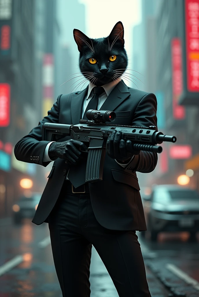 Cat in dark black suit holding a machine gun with scope on a street of the future 
