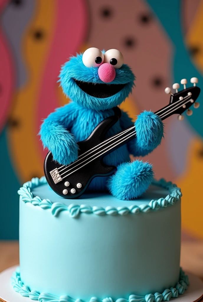 A cake with the name GROVER, with light blue cream and on top a molar that is playing a black electric bass with 5 strings, with a stage background