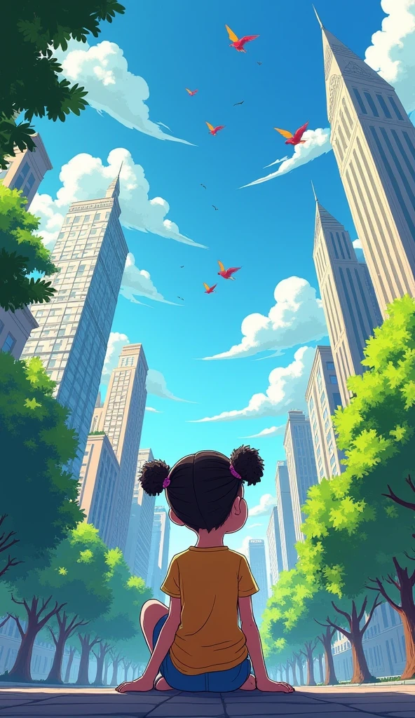 The cartoon is very detailed, with tall buildings, lots of clouds, colorful birds flying, a young girl sitting and looking up, a perspective view, and thick trees.