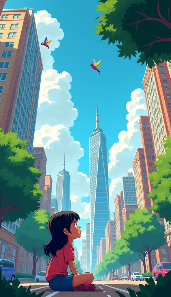 The cartoon is very detailed, with tall buildings, lots of clouds, colorful birds flying, a young girl sitting and looking up, a perspective view, and thick trees.