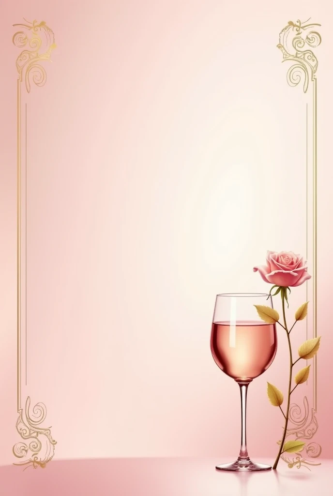 create a menu with a light pink background, and golden details with a wine glass with a branch of rose flower in 2d
