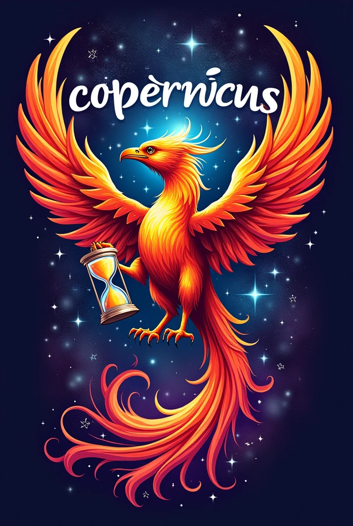 A purple t-shirt with an orange phoenix, red and blue, holding an hourglass. written on top "Copernicus" larger in white with a black outline with star details