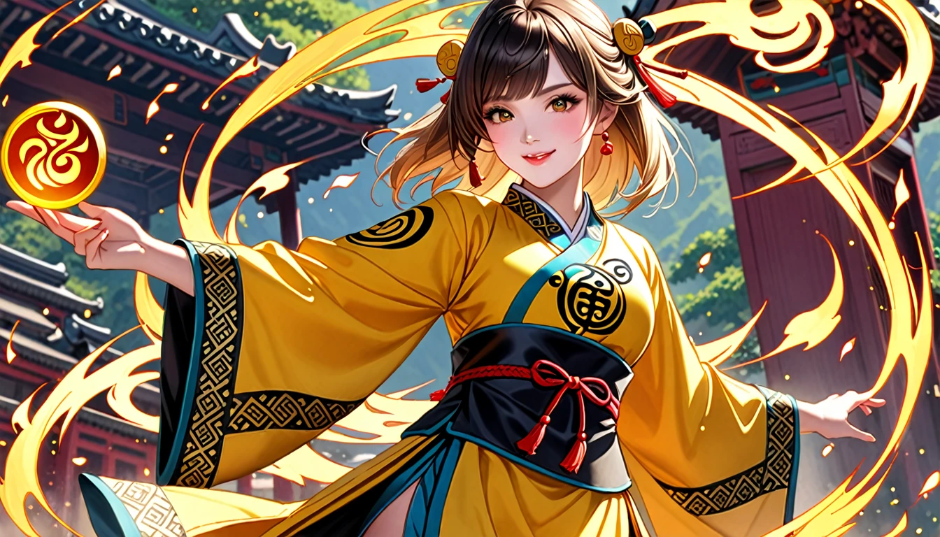 Beautiful Girl Spirit Taoist、Yellow Taoist Clothing、Bagua pattern(black)、bill、Spell
