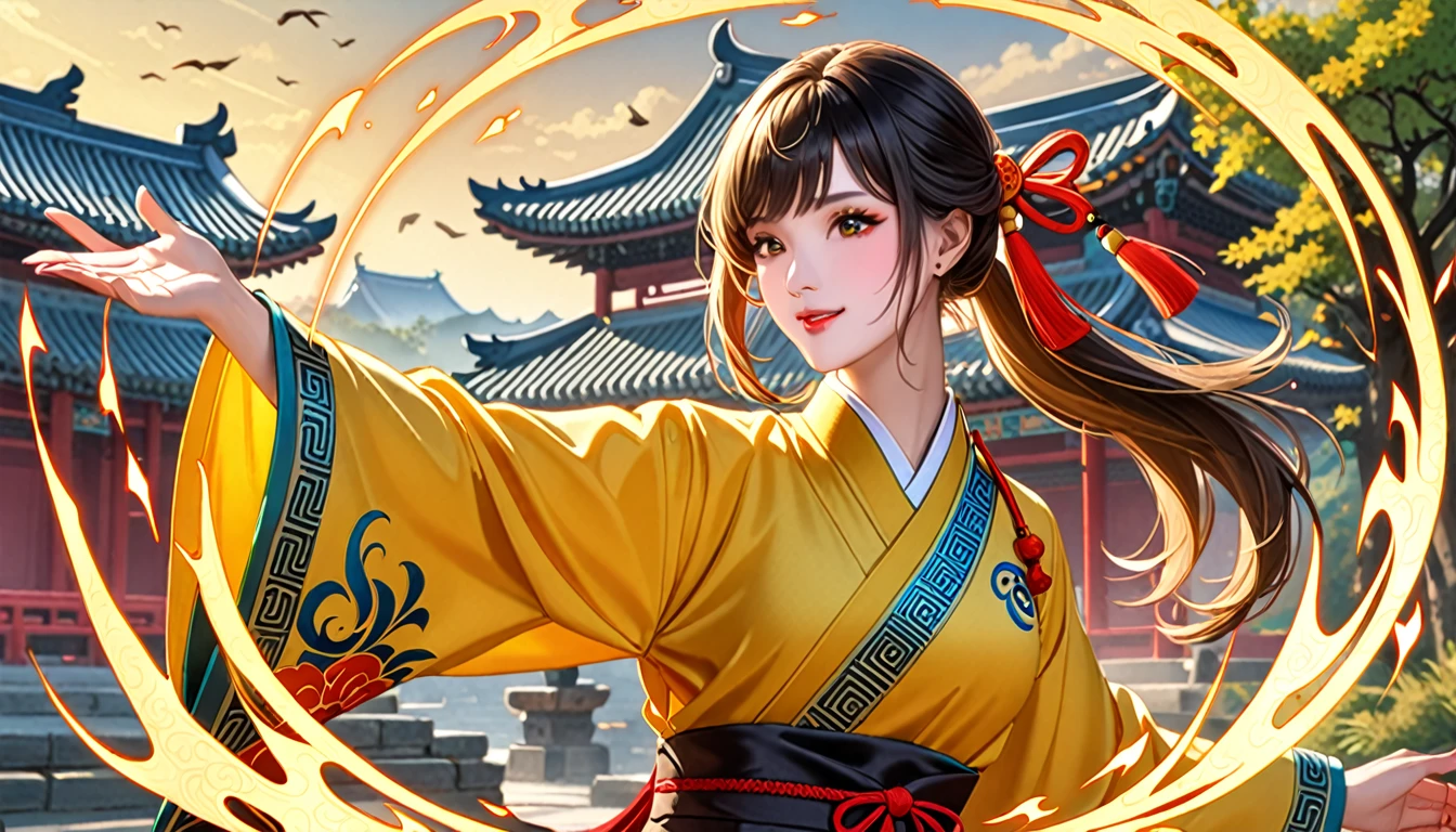 Beautiful Girl Spirit Taoist、Yellow Taoist Clothing、Bagua pattern(black)、bill、Spell