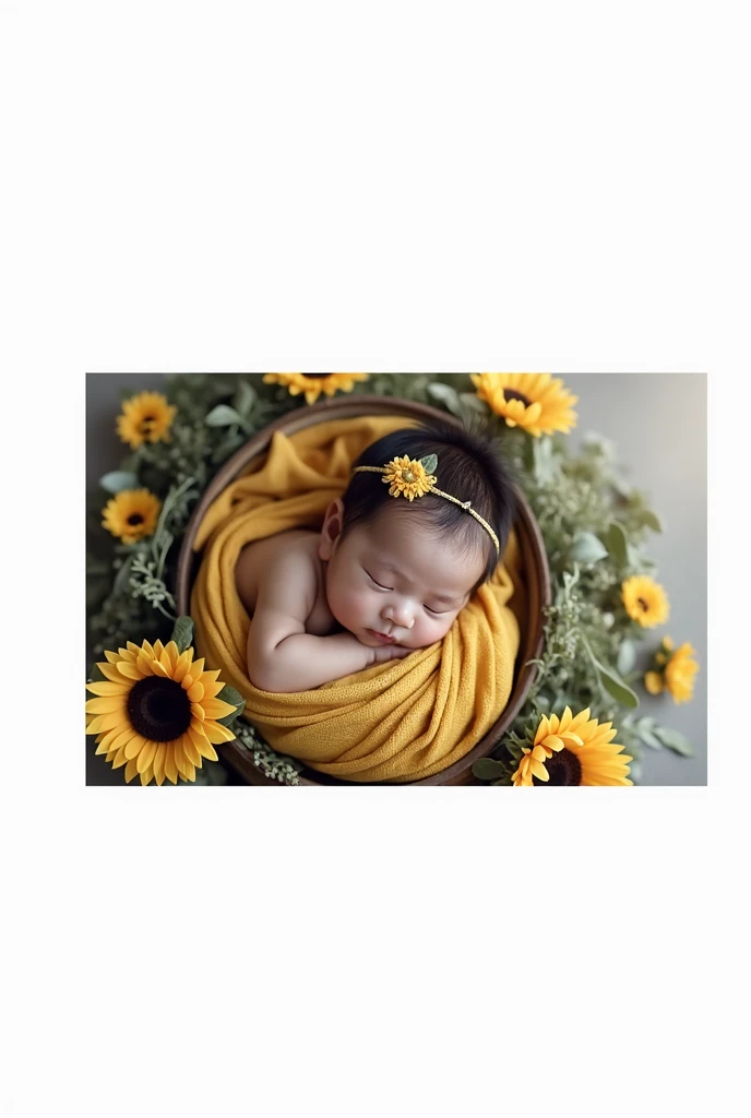 Create hd real pinay baby girl 1 years old wearing princess yellow lay down in the basket with arounding sunflowers with name 1 write beside