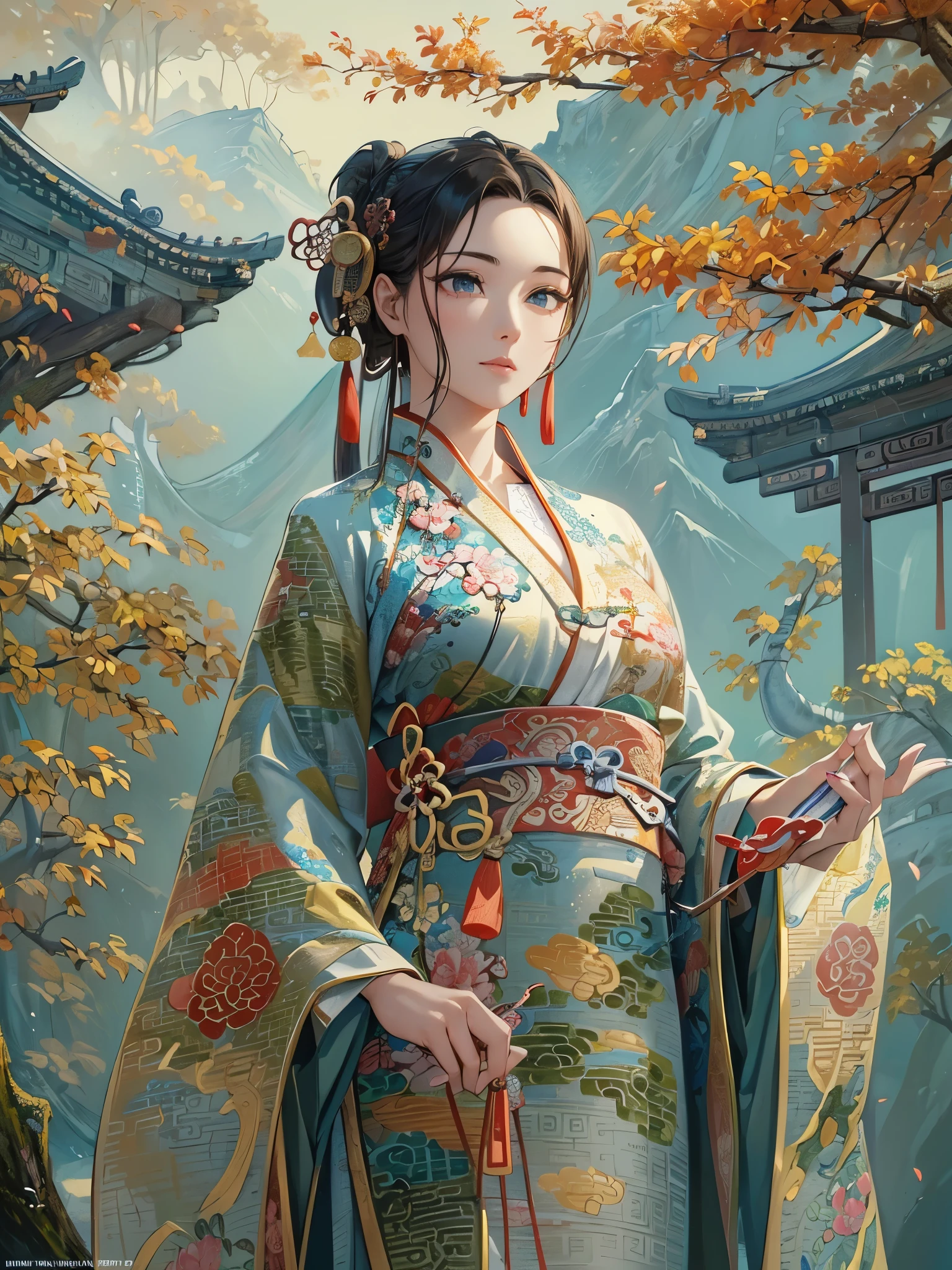 ((Highest quality)),(Ultra-high resolution),(Super detailed),(Detailed Description),((The best CG)),(masterpiece),Highly detailed art,(Art with precise detail:1.5), (Paintings inspired by ancient China:1.6), (Standing Woman:1.5, Beautiful and well-proportioned face:1.3, light makeup),(China dress:1.4, Embroidery inspired by nature:1.3),Fine ornaments, stream,breeze,Sunlight filtering through the trees