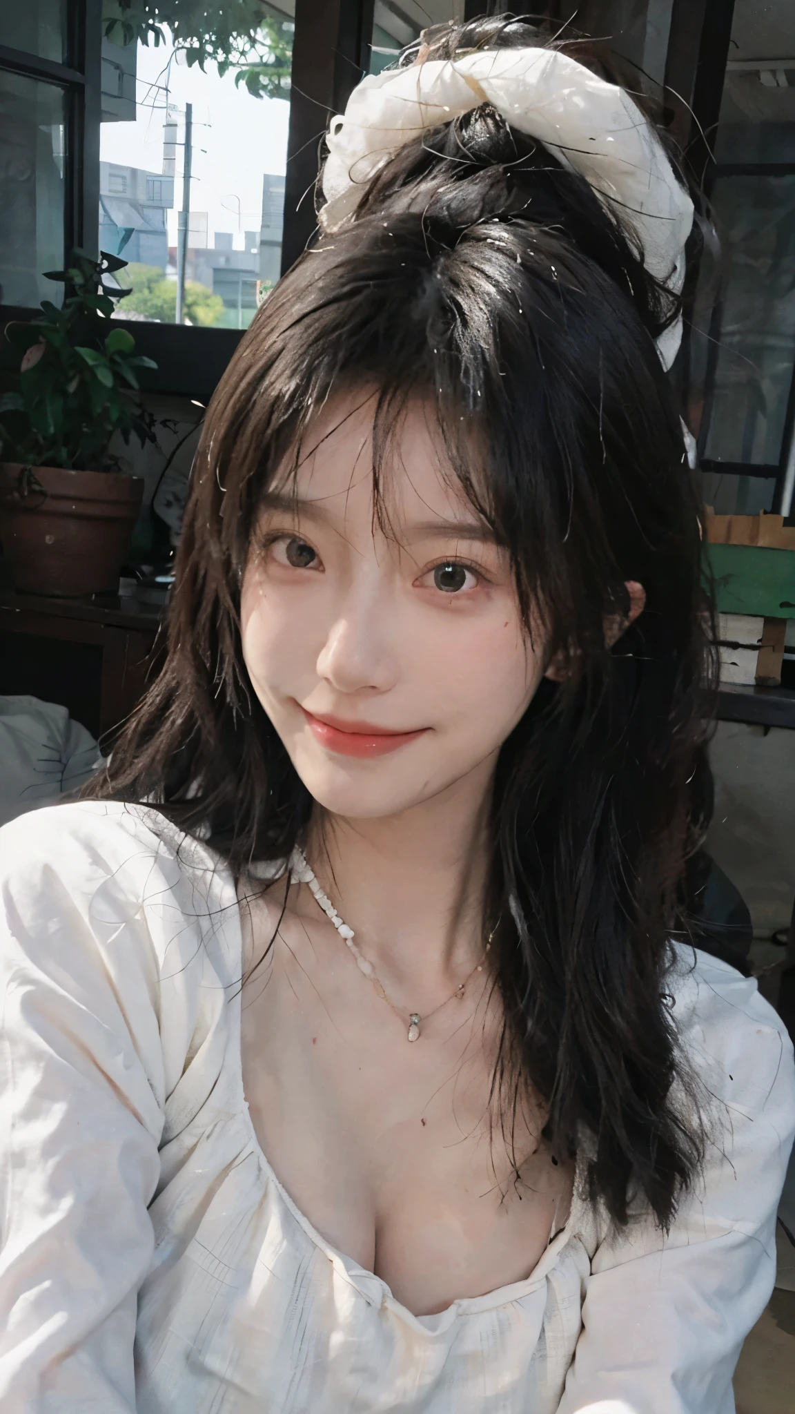 best qualtiy， Ultra-high resolution， （realisticlying：1.4），cute hairpin，Baoyu Girl，European style apartment，（flatchest：1.2） ，A pair of clear and moving peach blossom eyes,Royal Sister，sunshine on face，Big waves，（ln the forest：1.4），（choker necklace：1.2），（Fair skin：1.4），a sense of atmosphere，a beauty girl， ssmile，head straight-looking at viewer， closeup cleavage ，(Photorealistic:1.4),1girll,sexly,(Upper body:1.4),(Wet body),(:1.2)