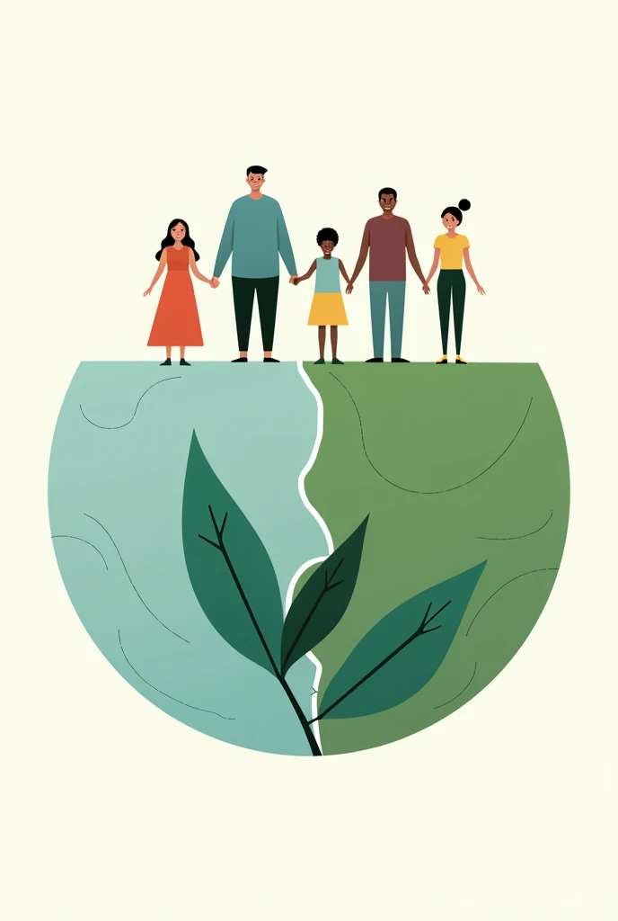 Visualize a circle that symbolizes the planet, divided in half. In the lower half, a stylized drawing of a green leaf, representing sustainability and care for the environment. In the upper half, people of different ages and ethnicities, holding hands, representing unity and social impact. The predominant colors are green, blue and earth tones.
