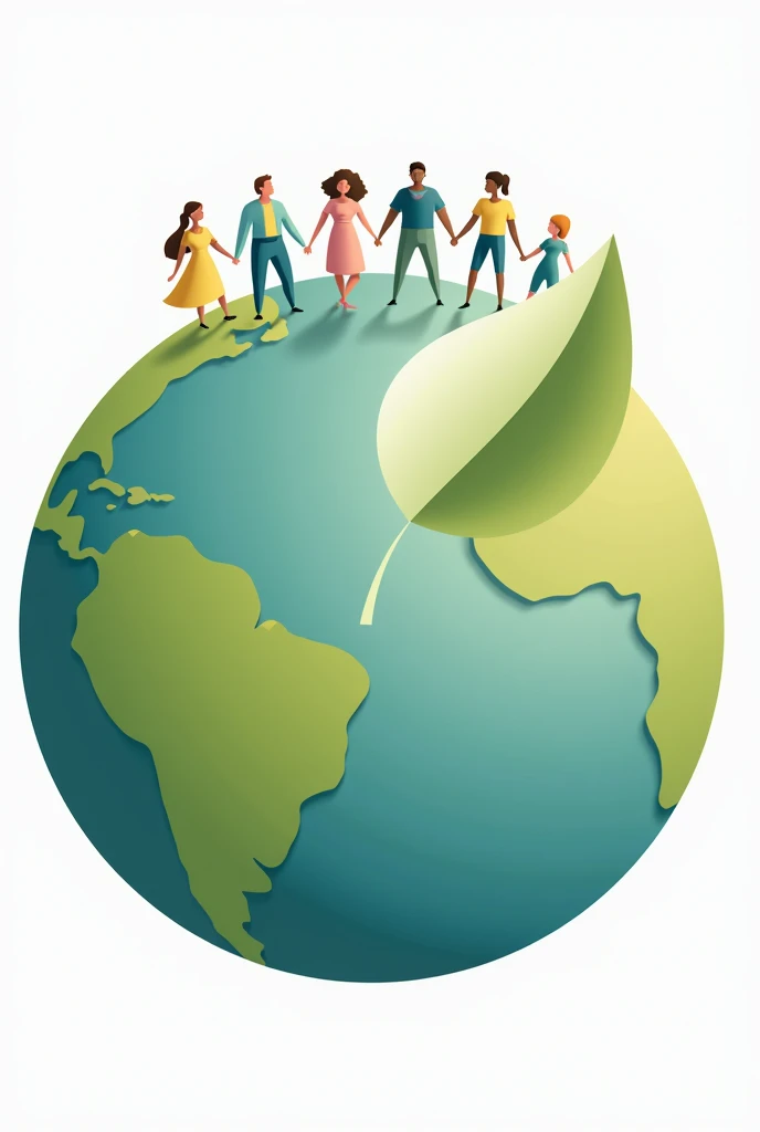 Visualize a circle that symbolizes the planet, divided in half. In the lower half, a stylized drawing of a green leaf, representing sustainability and care for the environment. In the upper half, people of different ages and ethnicities, holding hands, representing unity and social impact. The predominant colors are green, blue and earth tones.
