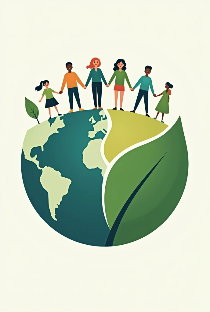 Visualize a circle that symbolizes the planet, divided in half. In the lower half, a stylized drawing of a green leaf, representing sustainability and care for the environment. In the upper half, people of different ages and ethnicities, holding hands, representing unity and social impact. The predominant colors are green, blue and earth tones.