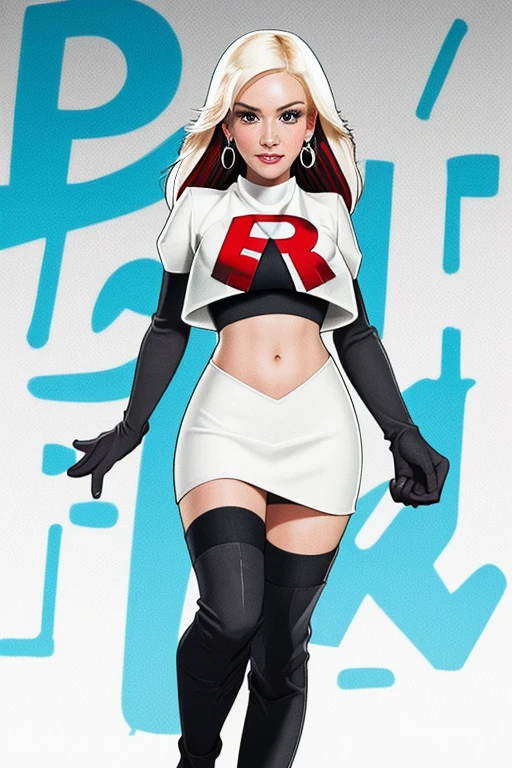 The face of Gwen stefani, 1girl, solo, team rocket,team rocket uniform,white skirt,red letter R,crop top,black thigh-highs,black elbow gloves, earrings, large breasts, 