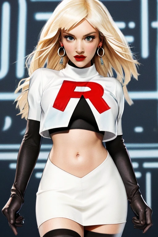 The face of Gwen stefani, 1girl, solo, team rocket,team rocket uniform,white skirt,red letter R,crop top,black thigh-highs,black elbow gloves, earrings, large breasts,