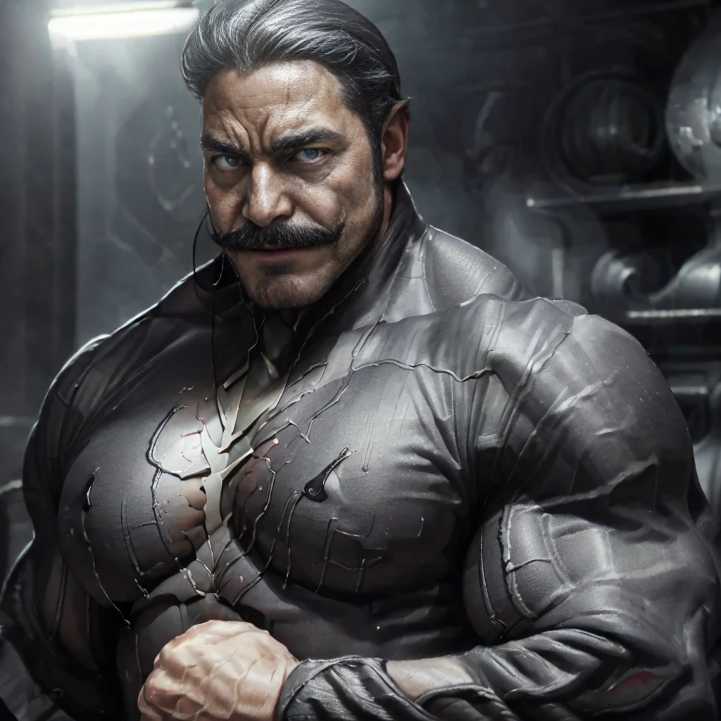 1man, middle-aged man, red eyes, evil smirk, mustache, beard, prominent muscular body, veins, bigger muscle biceps, bigger muscle chest, bodybuilder bodyshaped, black venom symbiote bodysuit (clothes), white spider symbol, midnight city (background), red moon, hd, high quality, realistic, hyperdetail, ultra-realistic, 8k Resolution 